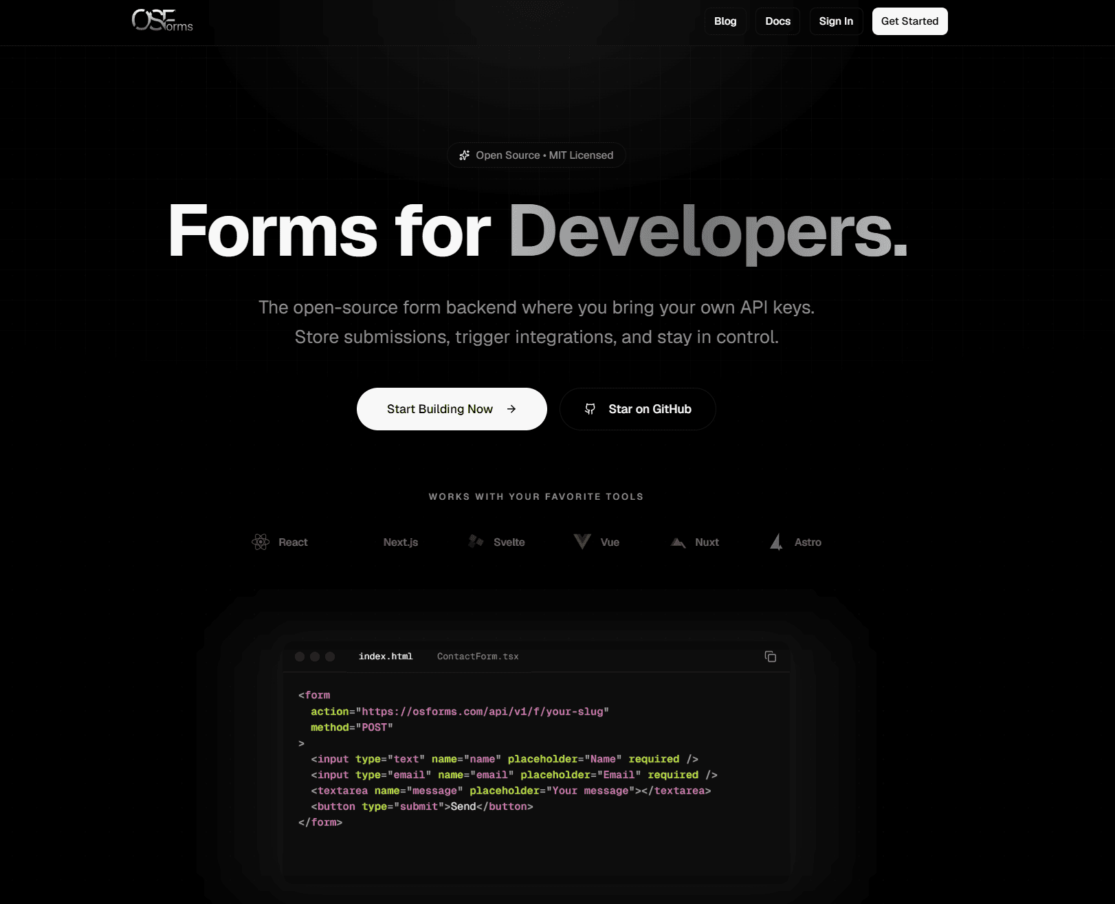 Screenshot of the OSForms landing page - Forms for Developers